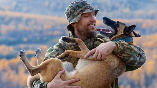 heartfelt moment between man in army uniform holding his smiling dog like a baby