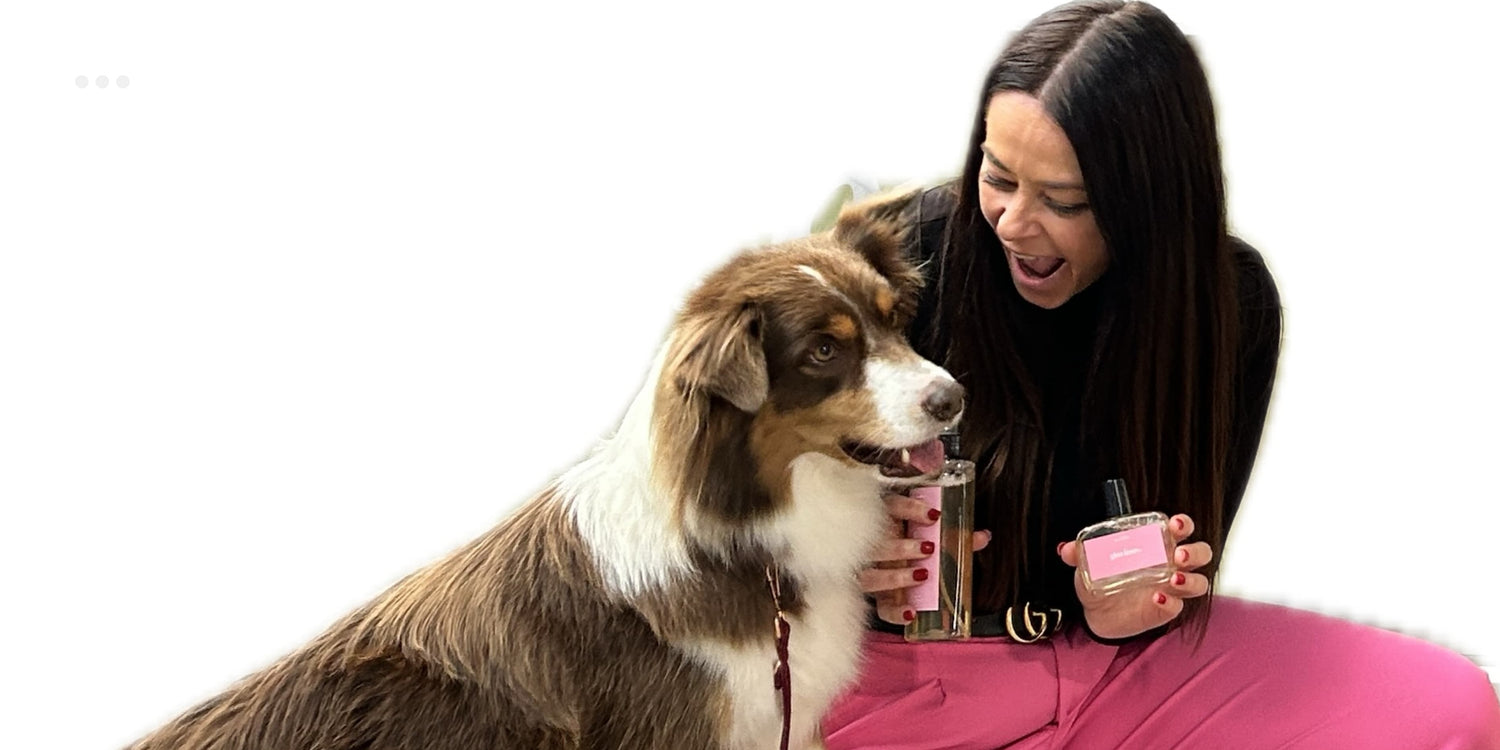 Woman with a dog holding a pink bottle of  dog perfume on a white background