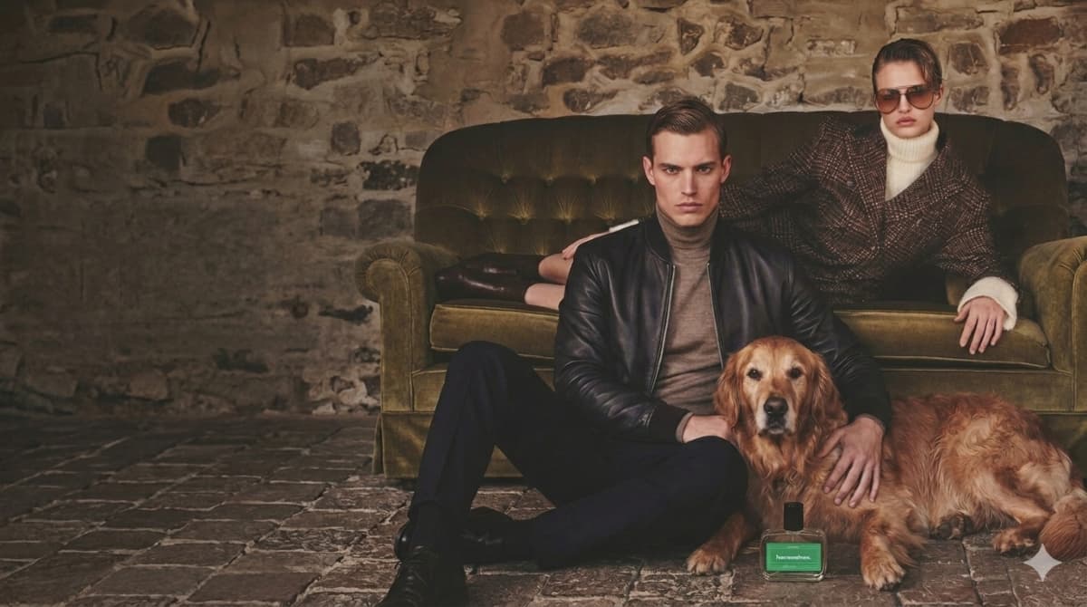 models sitting on a luxe velvet sofa with a golden retriever and a bottle of dog perfume