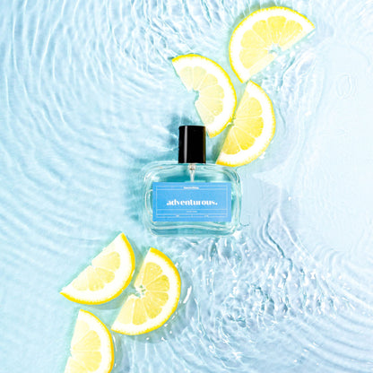 adventurous perfume for dogs by houseofdog. image has water flowing to indicate fresh scent