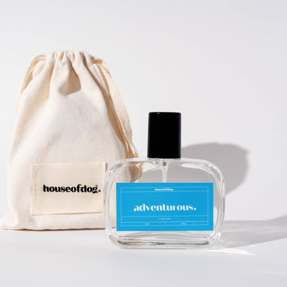 adventurous perfume for dogs by houseofdog. image has water flowing to indicate fresh scent