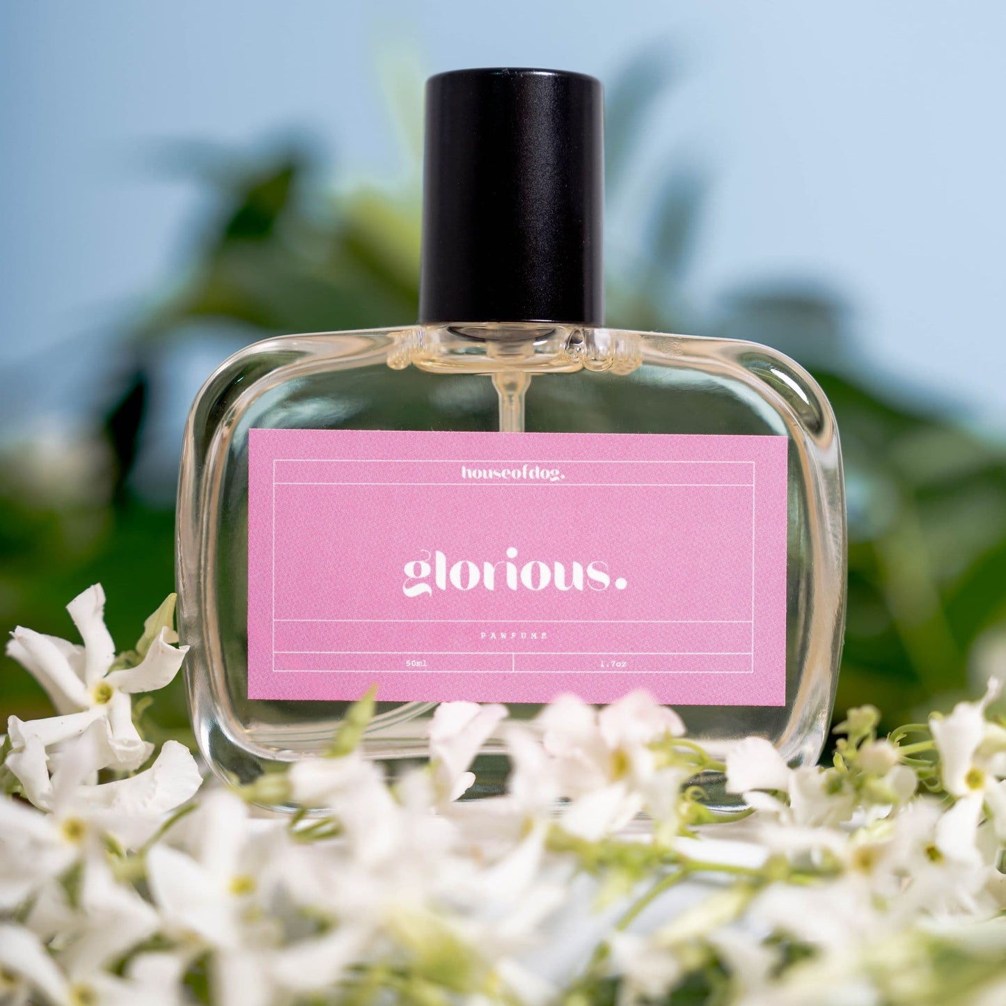 dog Perfume bottle labeled 'glorious.' with a pink label on a floral background